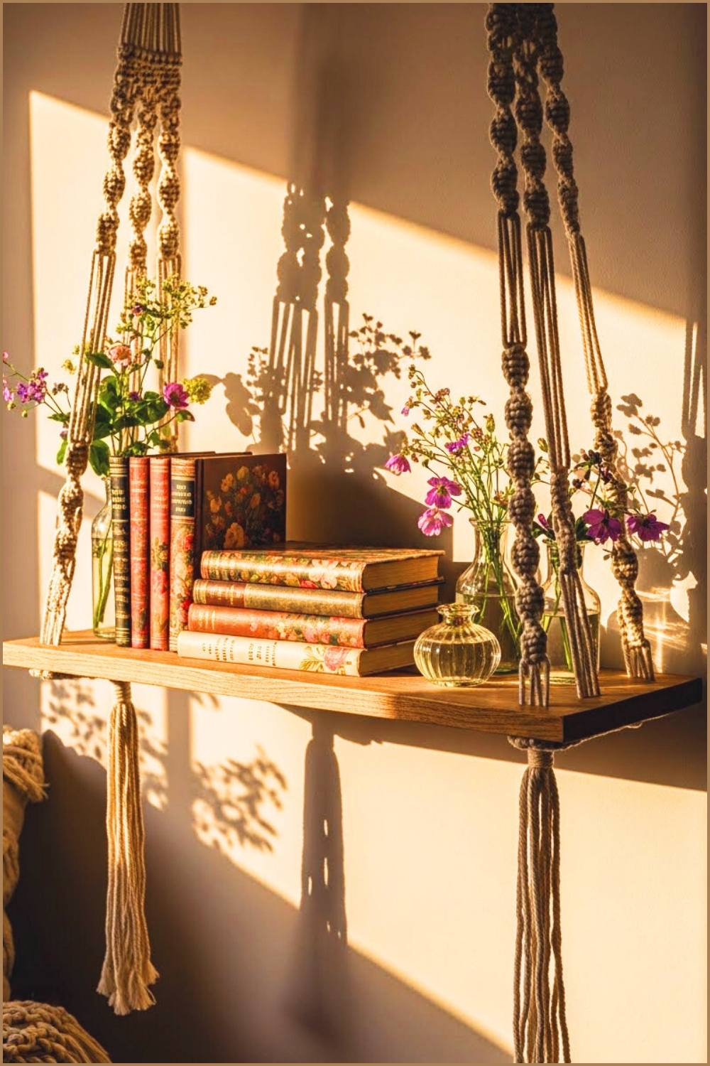 Boho Style Hanging Macramé Shelf With Intricate Knotted Cotton