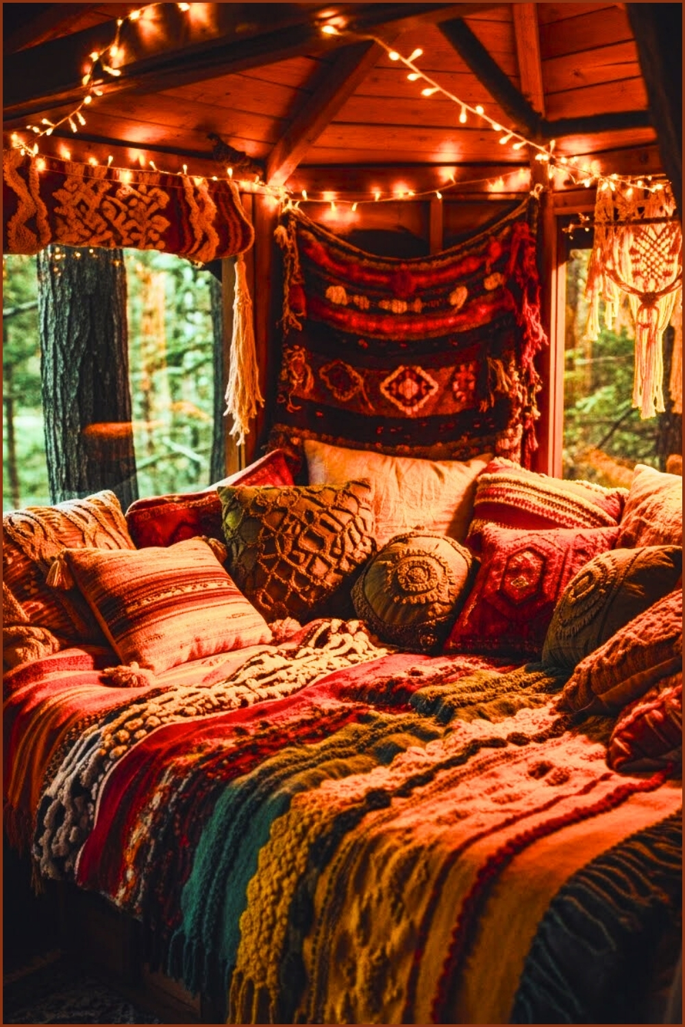 Boho Treehouse Bed Nook, Layered Colorful Textured