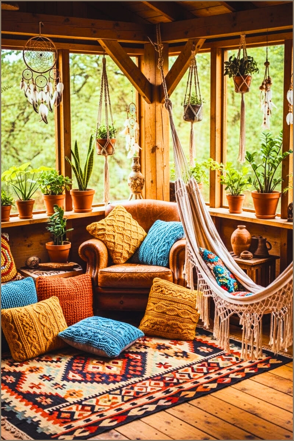 Boho Treehouse Interior, Colorful Knitted Pillows Macrame Hammock