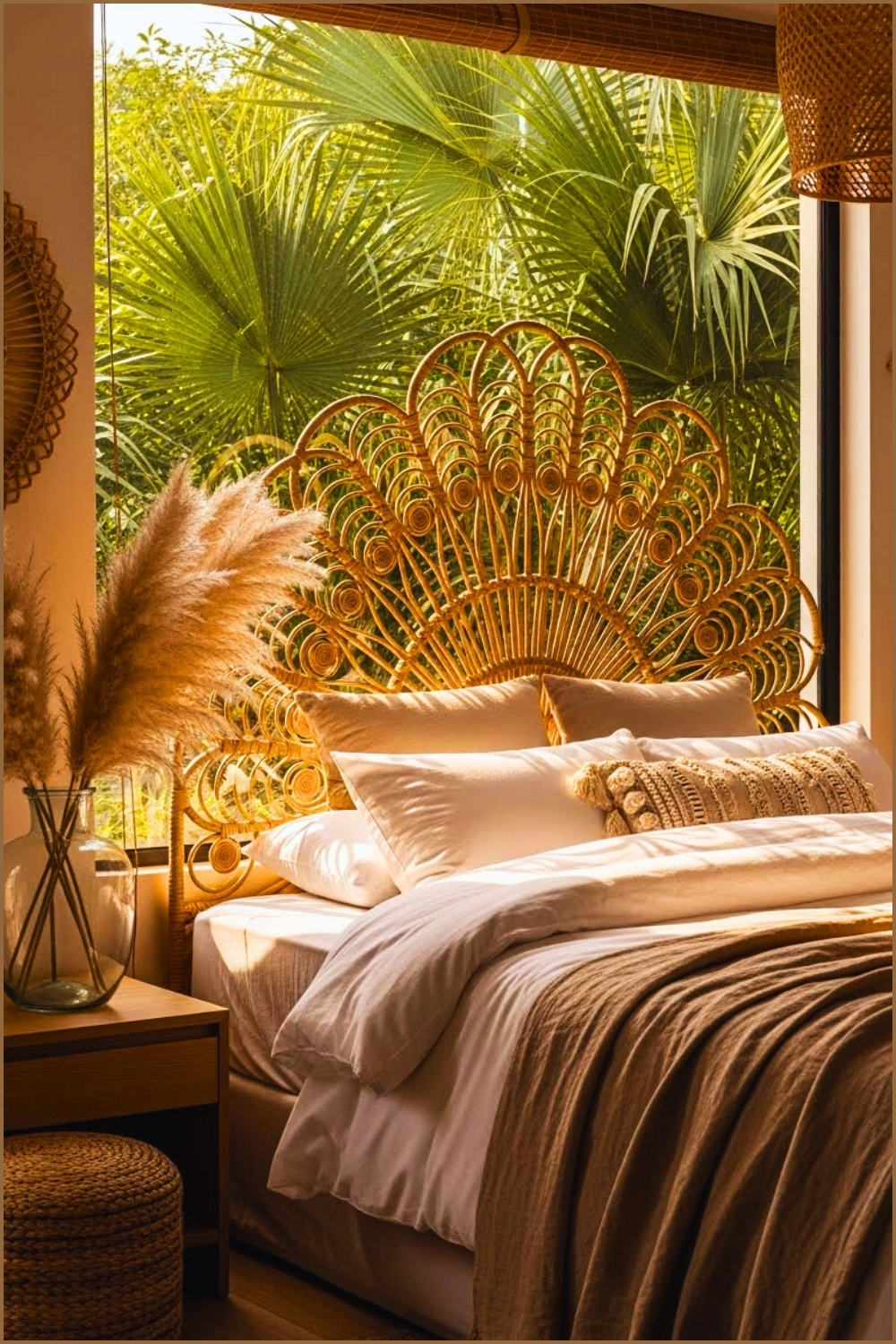 Boho Tropical Bedroom, Intricate Rattan Headboard