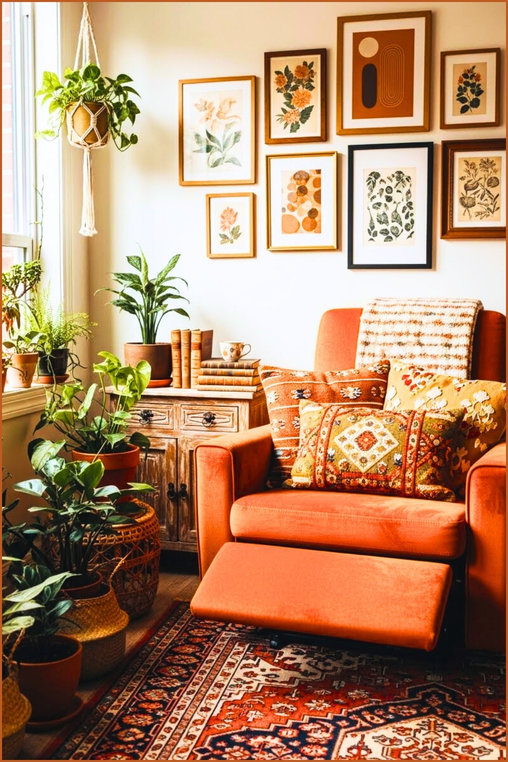 Boho Vintage Reading Corner, Orange Armchair With Patterned Pillows
