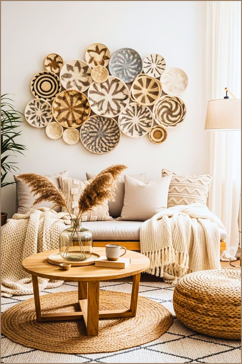 Boho Wall Decor With Woven Basket Art Installation Neutral Tones