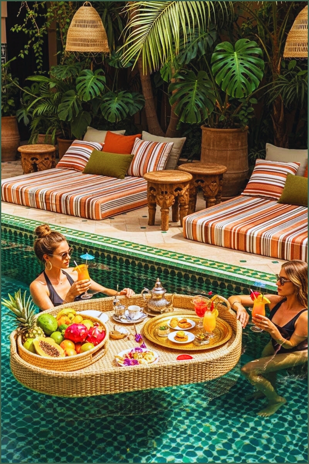 Boho-chic Courtyard Pool With Beautiful Mosaic Tile Border