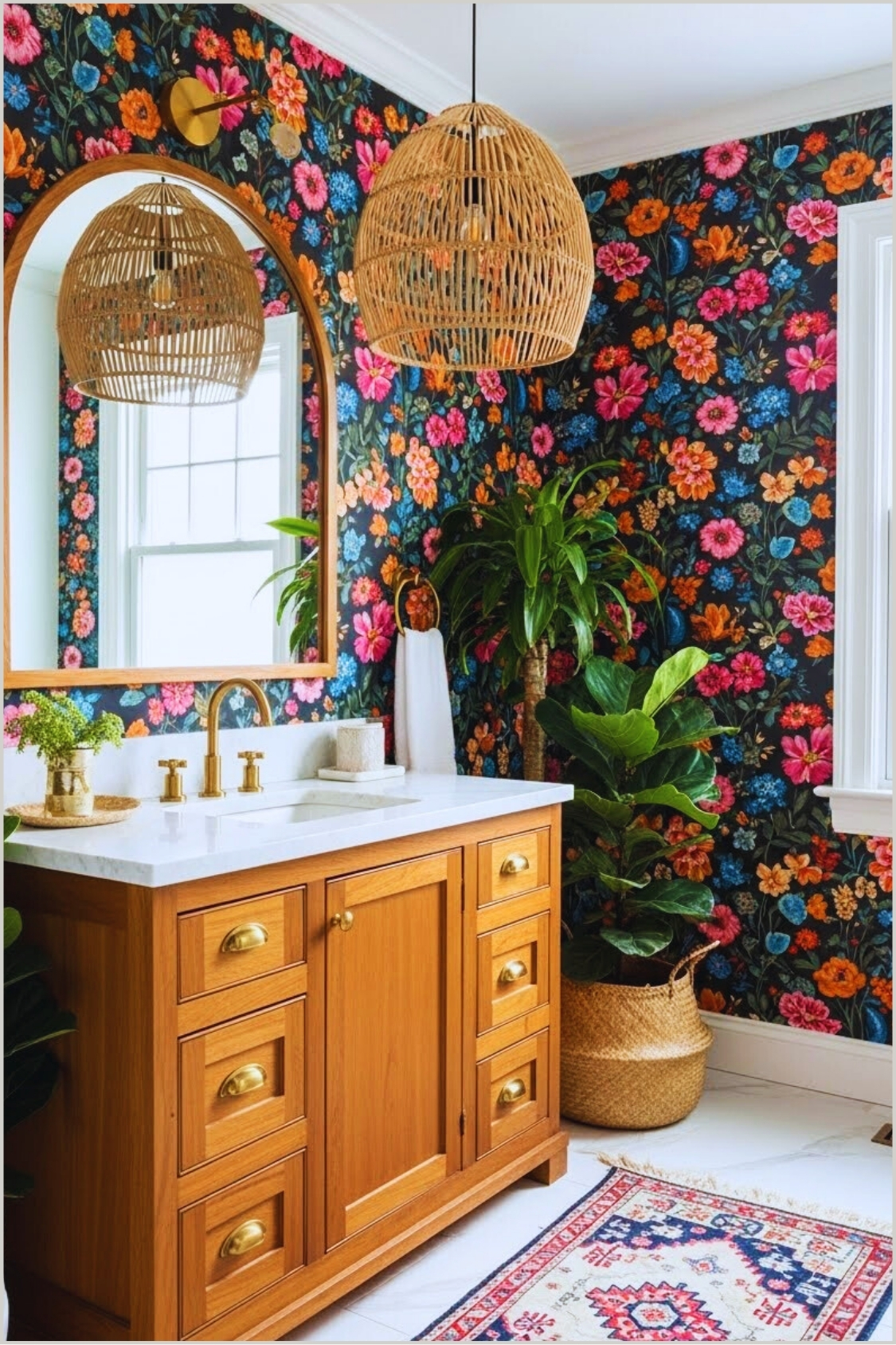 Bold Boho Bathroom With Dark Navy Floral Wallpaper