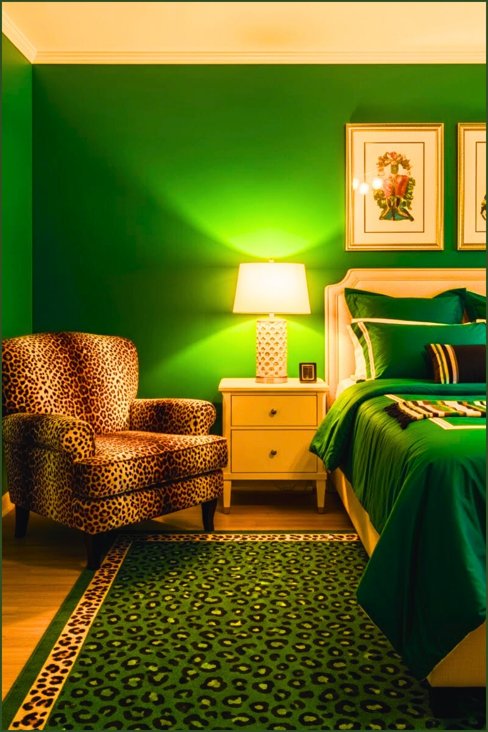 Bold Emerald Bedroom With Leopard Print Armchair