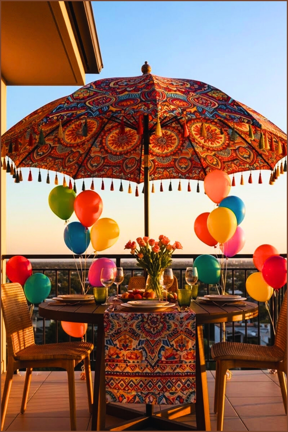 Bold Mandala-pattern Boho Umbrella Over A Balcony Dining Table
