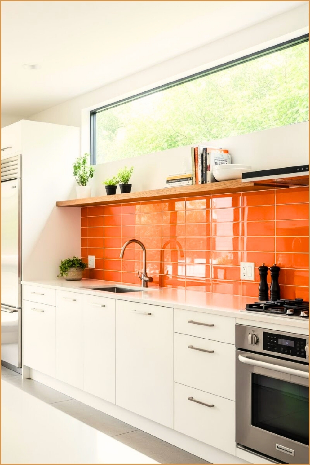 Bold Modern Kitchen, Bright Orange Glossy Tile Backsplash