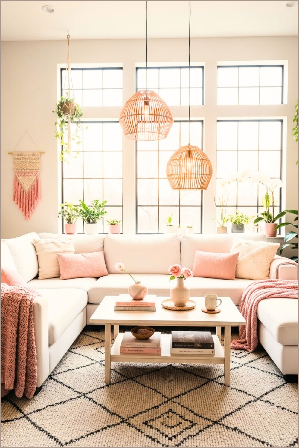 Bright Airy Boho Living Room, Large Windows White Sectional Sofa