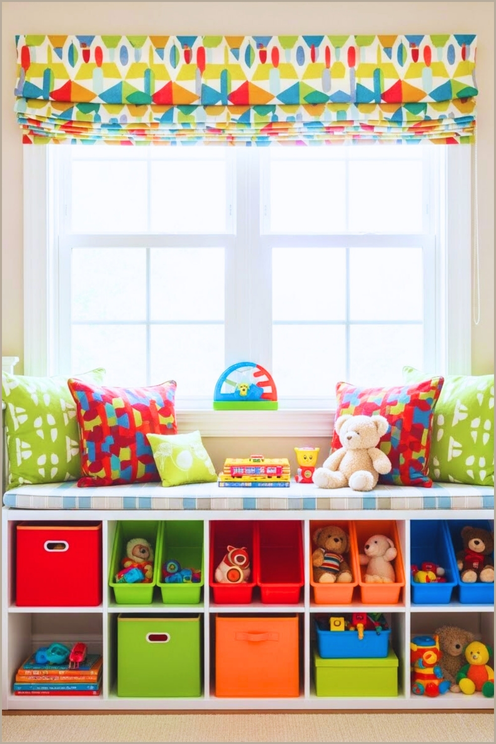 Bright And Playful Kids Storage Bench Under Window