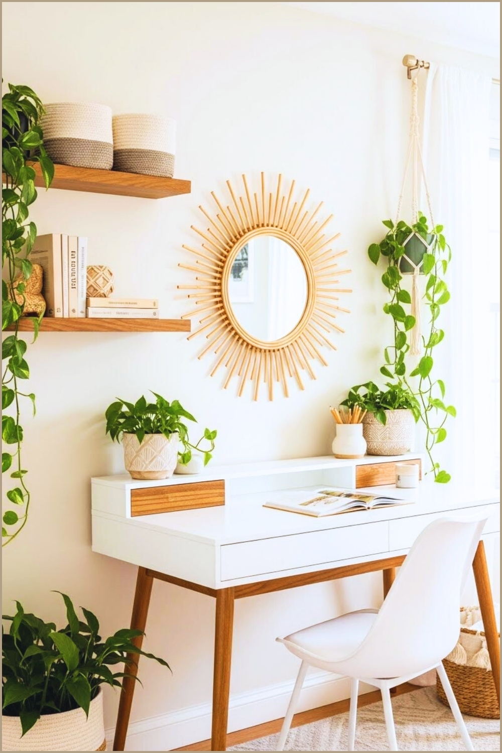 Bright Bohemian Home Office, White And Wood Desk With Tapered