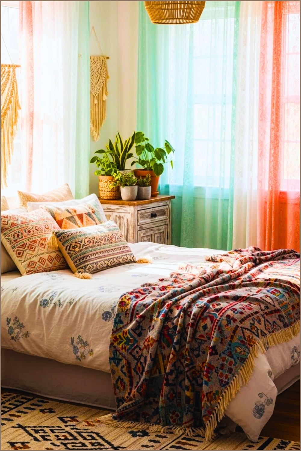 Bright Boho Bedroom, Pastel Lace Curtains Pink Mint And Orange