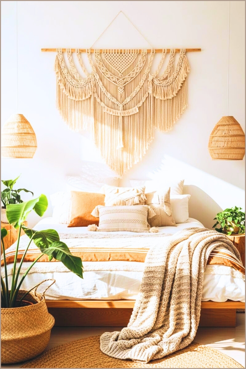 Bright Boho Bedroom, White Walls, Large Macrame Wall Hanging