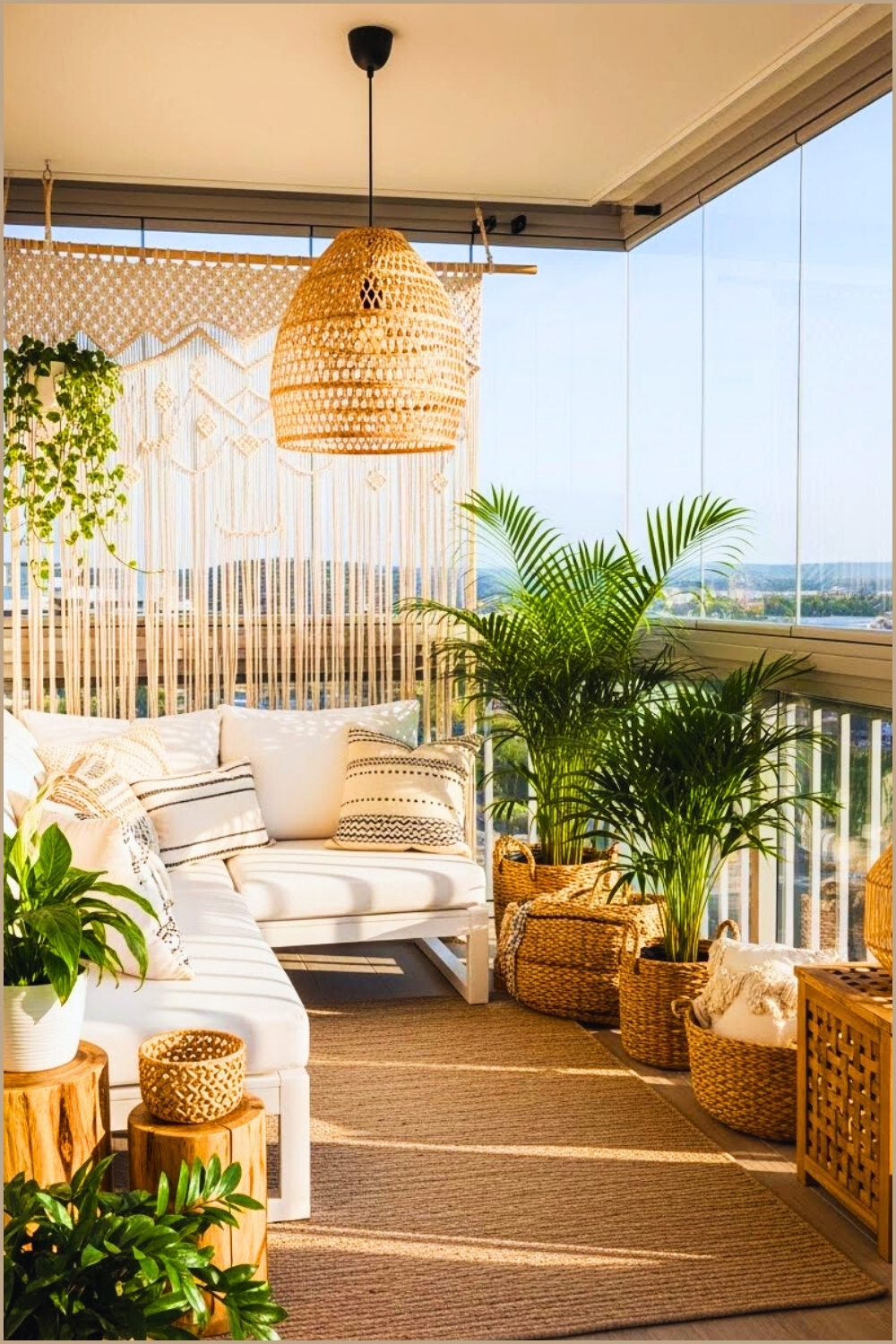 Bright Boho Indoor Balcony Lounge, Floor-to-ceiling Windows