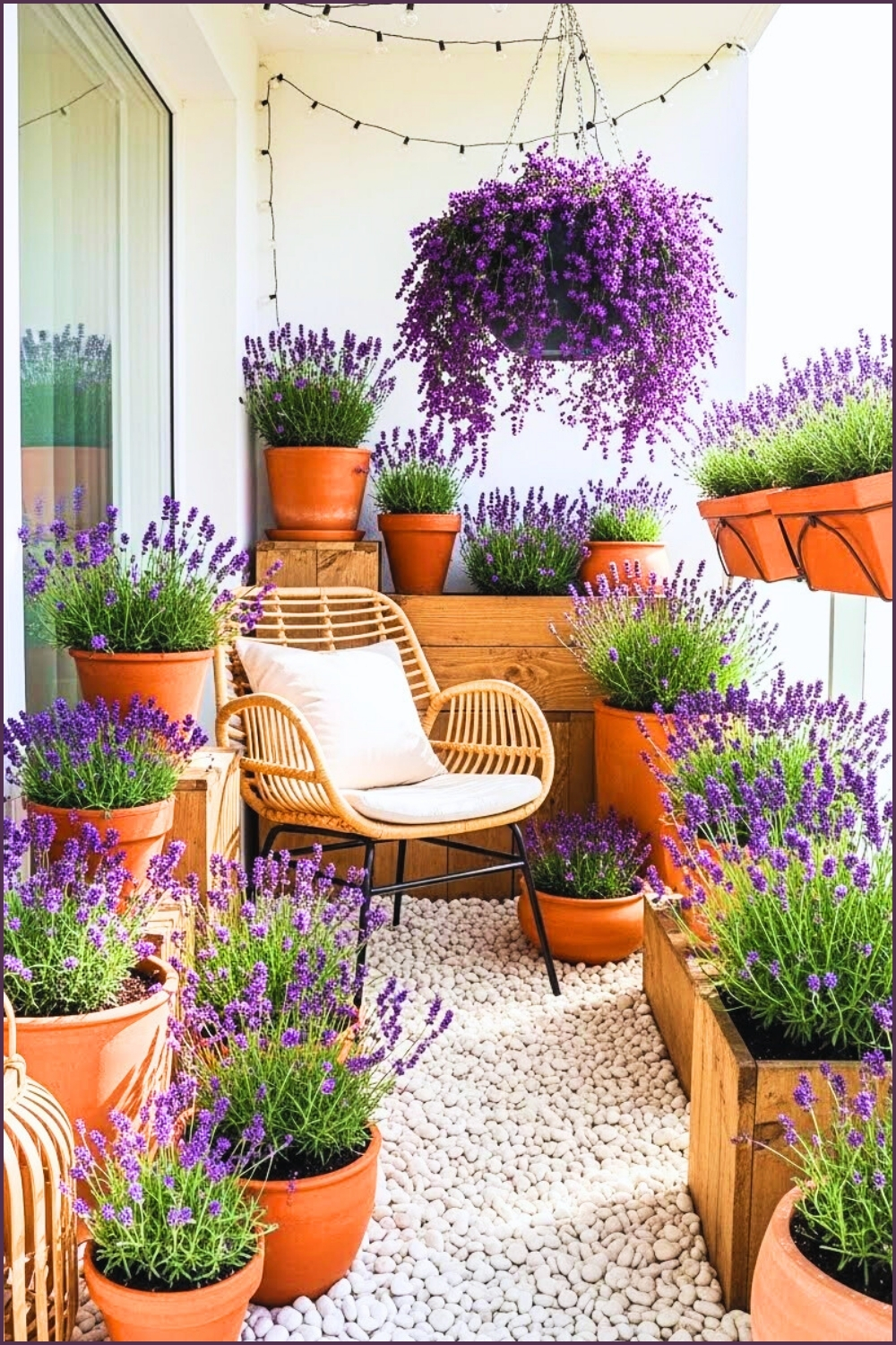 Bright Cheerful Balcony Full Of Lavender Plants In Terracotta
