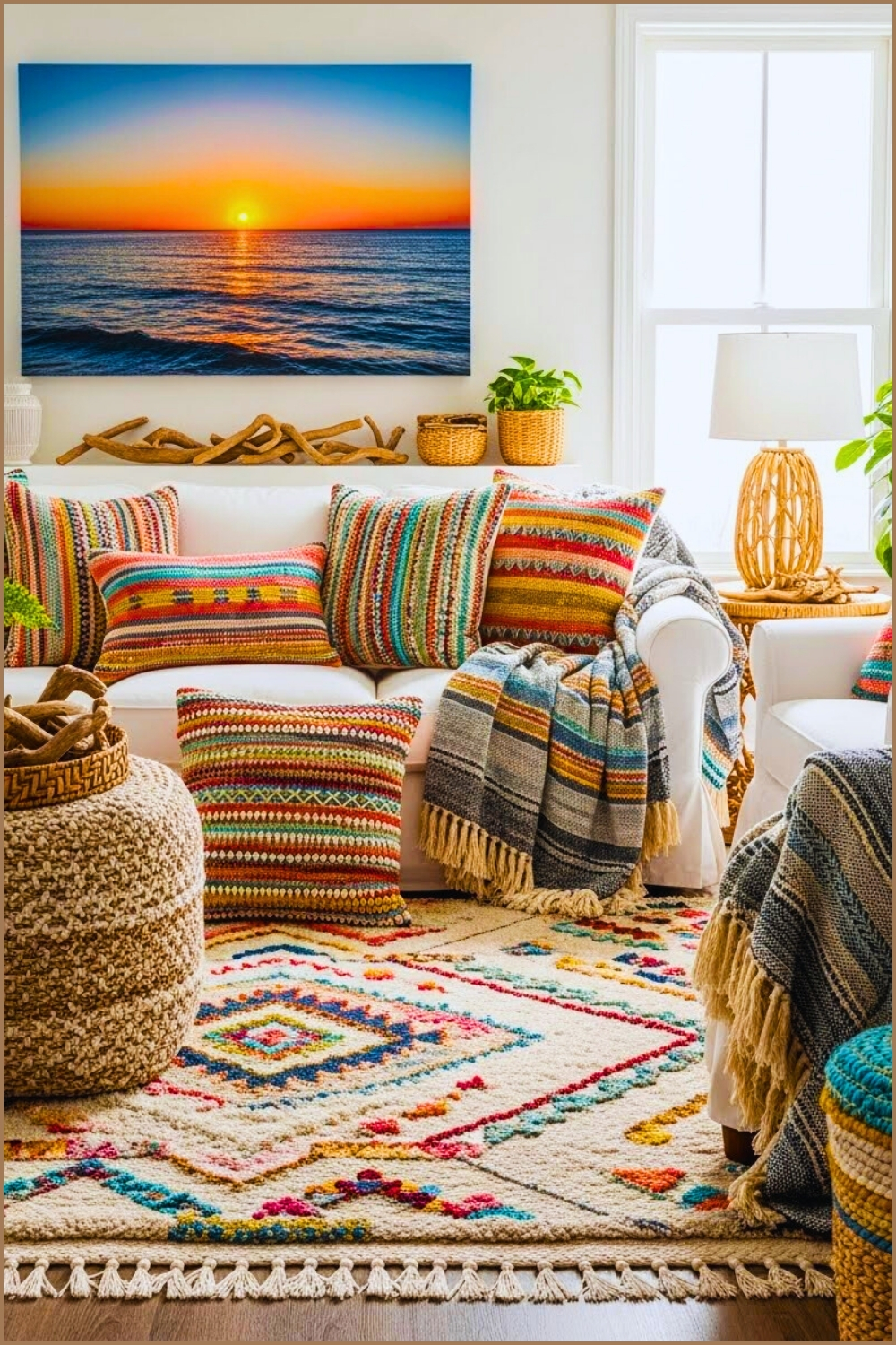 Bright Coastal Living Room White Sofa With Multicolor Woven Pillows
