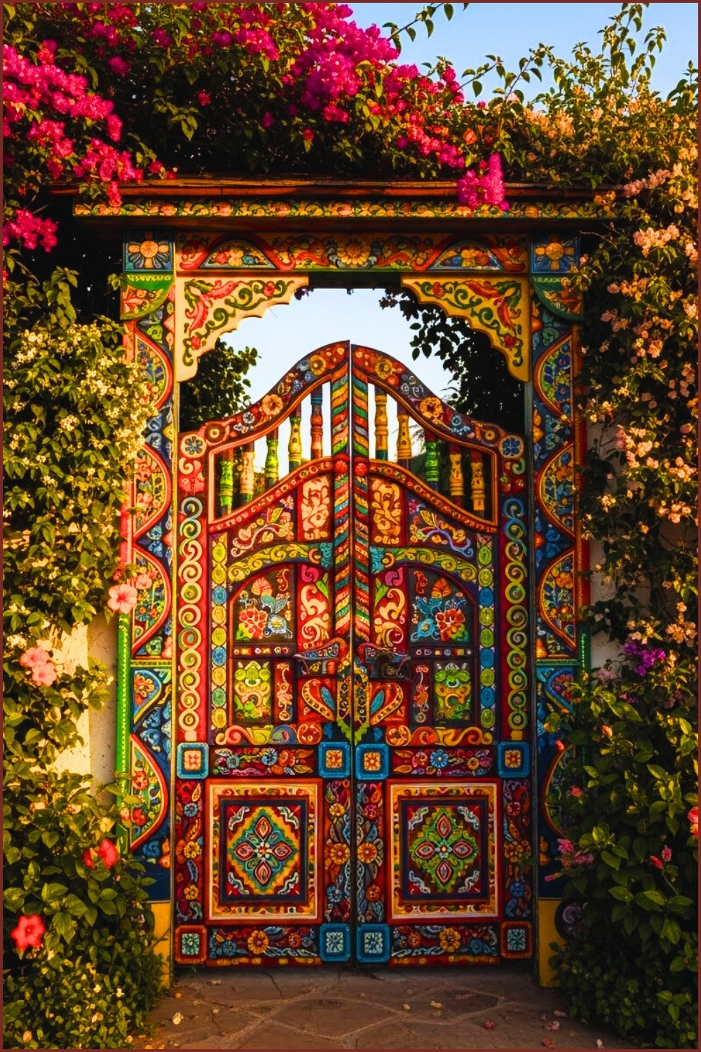 Bright Colorful Bohemian Gate Painted With Patchwork Patterns