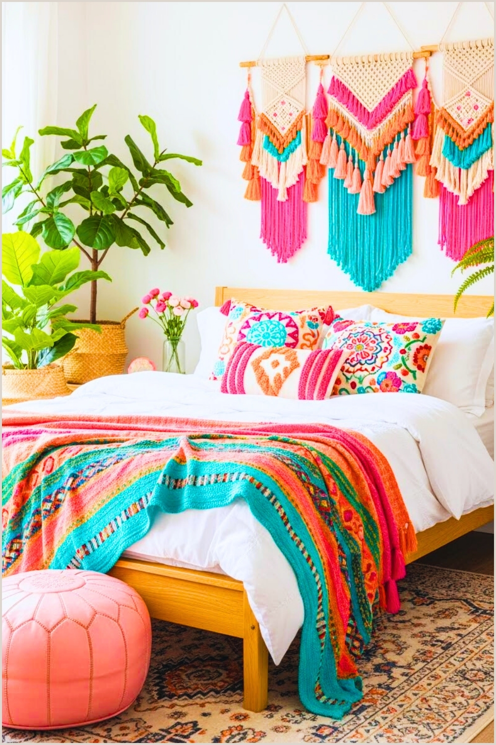 Bright Colorful Boho Bedroom Featuring A Natural Wood