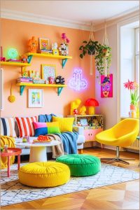 Bright Colorful Retro Modern Living Room With Bold