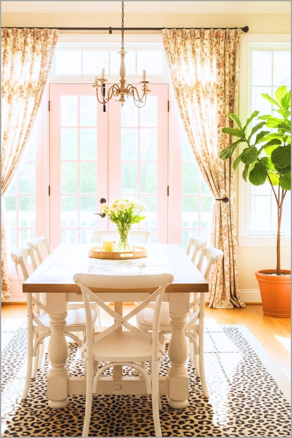 Bright Cottage-style Dining Room, Floral Drapes, Pastel Pink French Doors