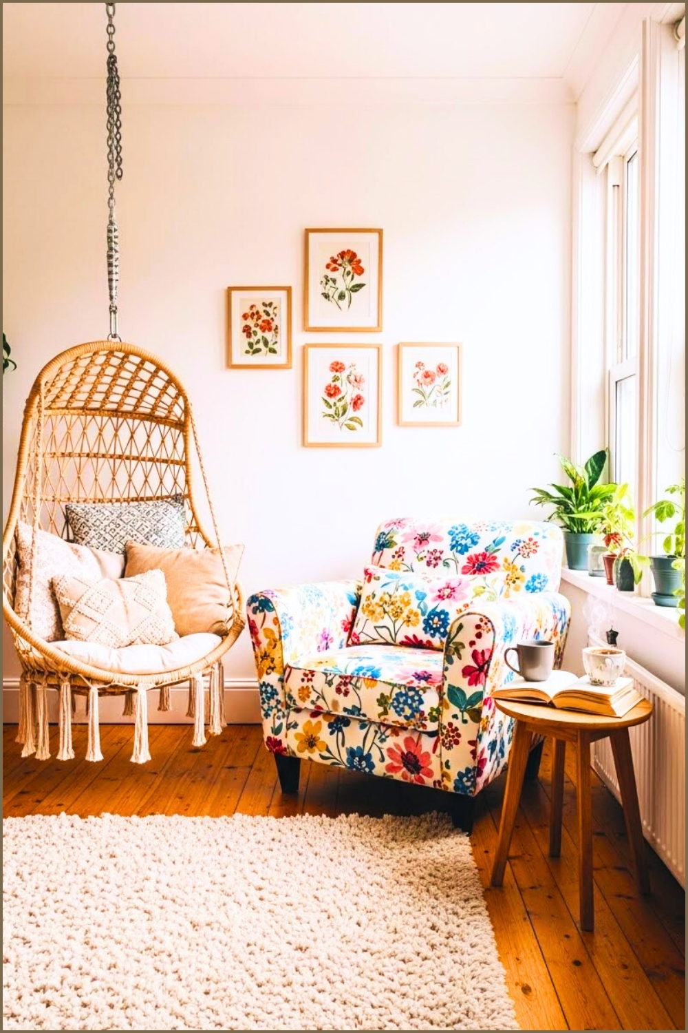 Bright Cozy Reading Corner, Floral Armchair With Colorful Print