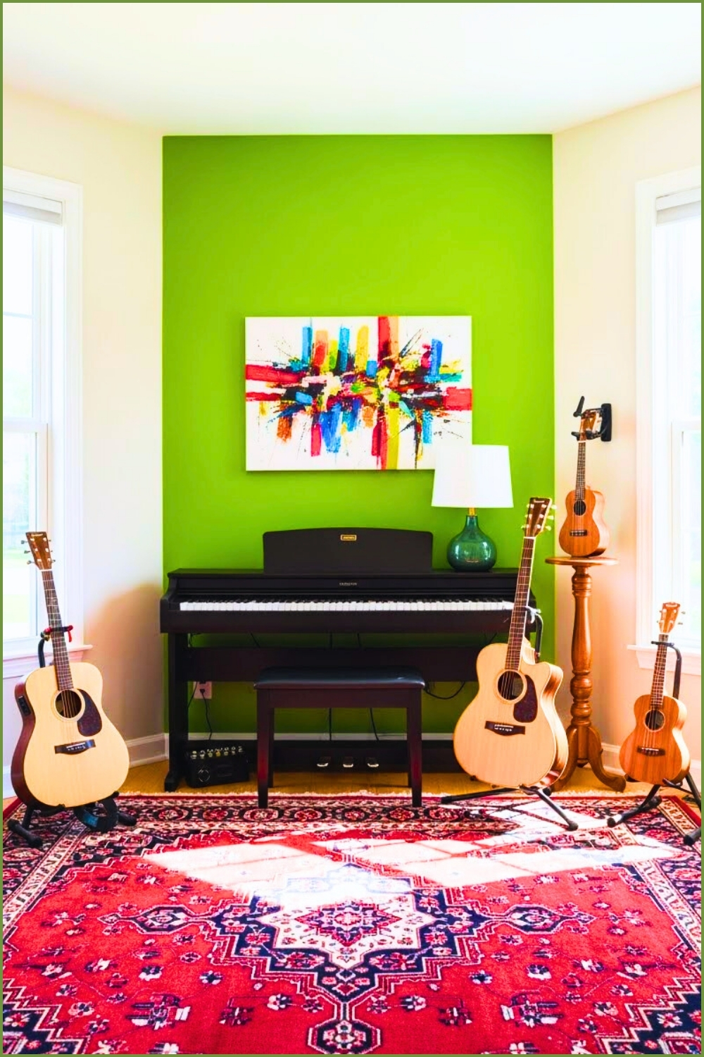 Bright Creative Music Room Interior Vibrant Green Accent Wall