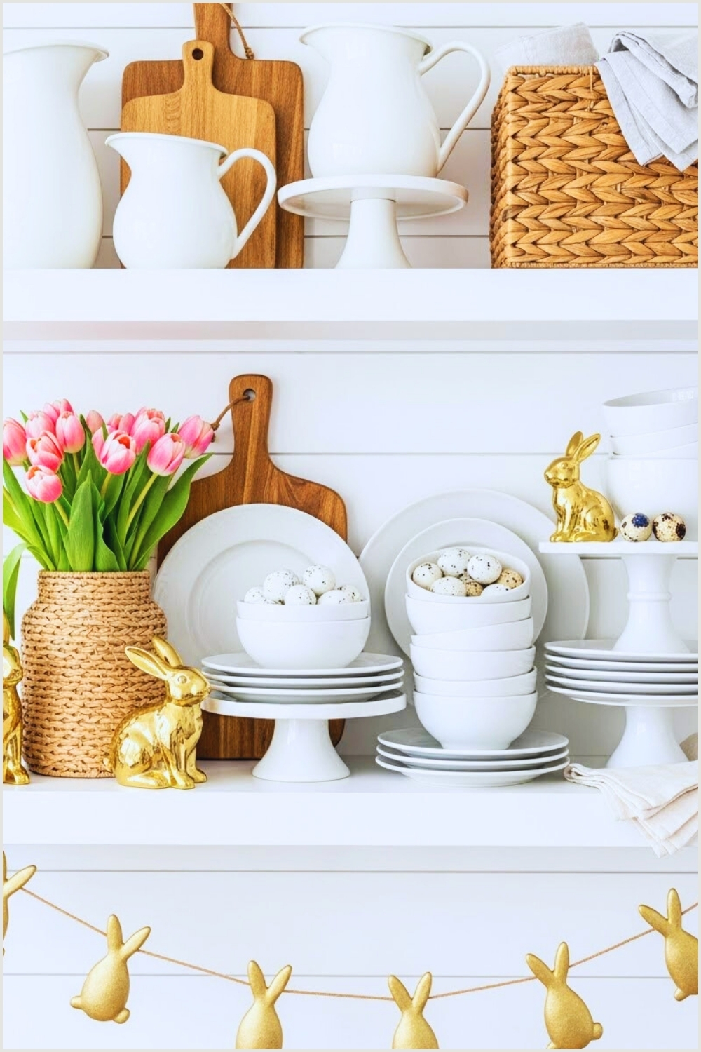 Bright Farmhouse Easter Shelf Décor With Layered White