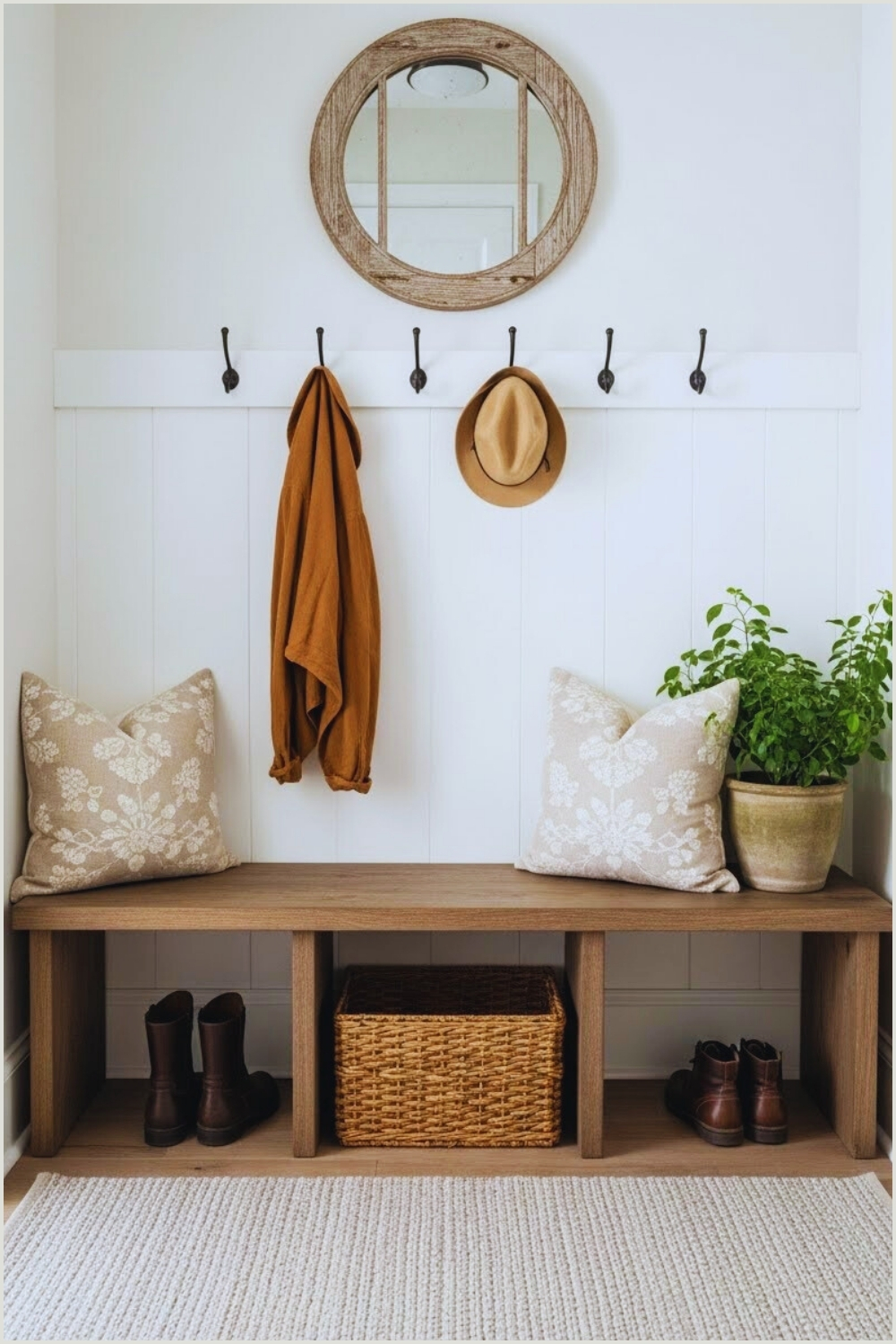 Bright Farmhouse Entryway With Built In Bench Storage