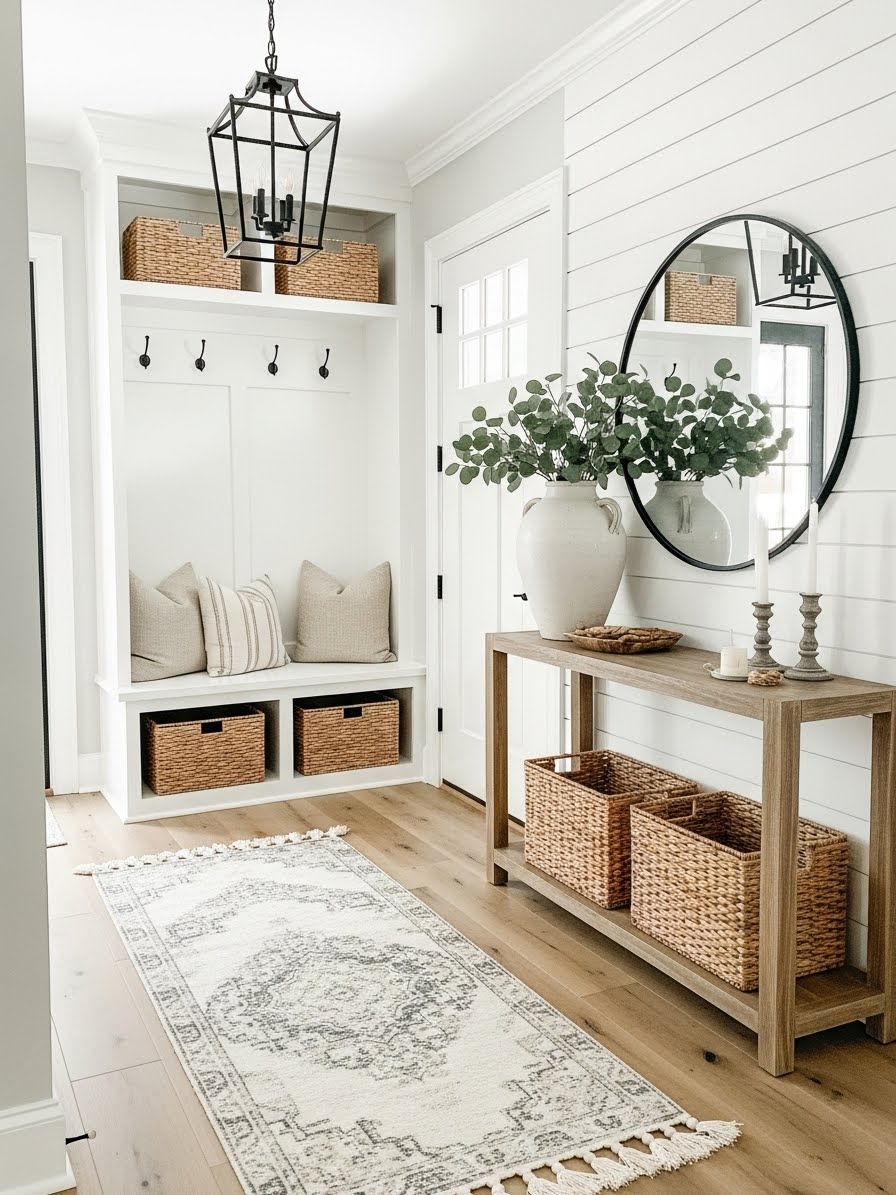 Bright Farmhouse Entryway With White Shiplap Walls