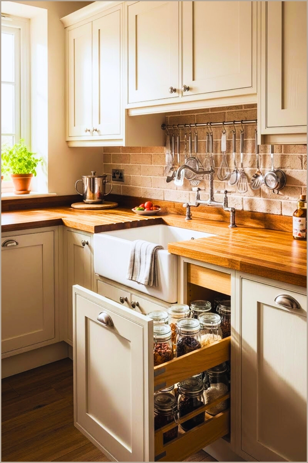 Bright Farmhouse Kitchen Interior With Cream Shaker Cabinets