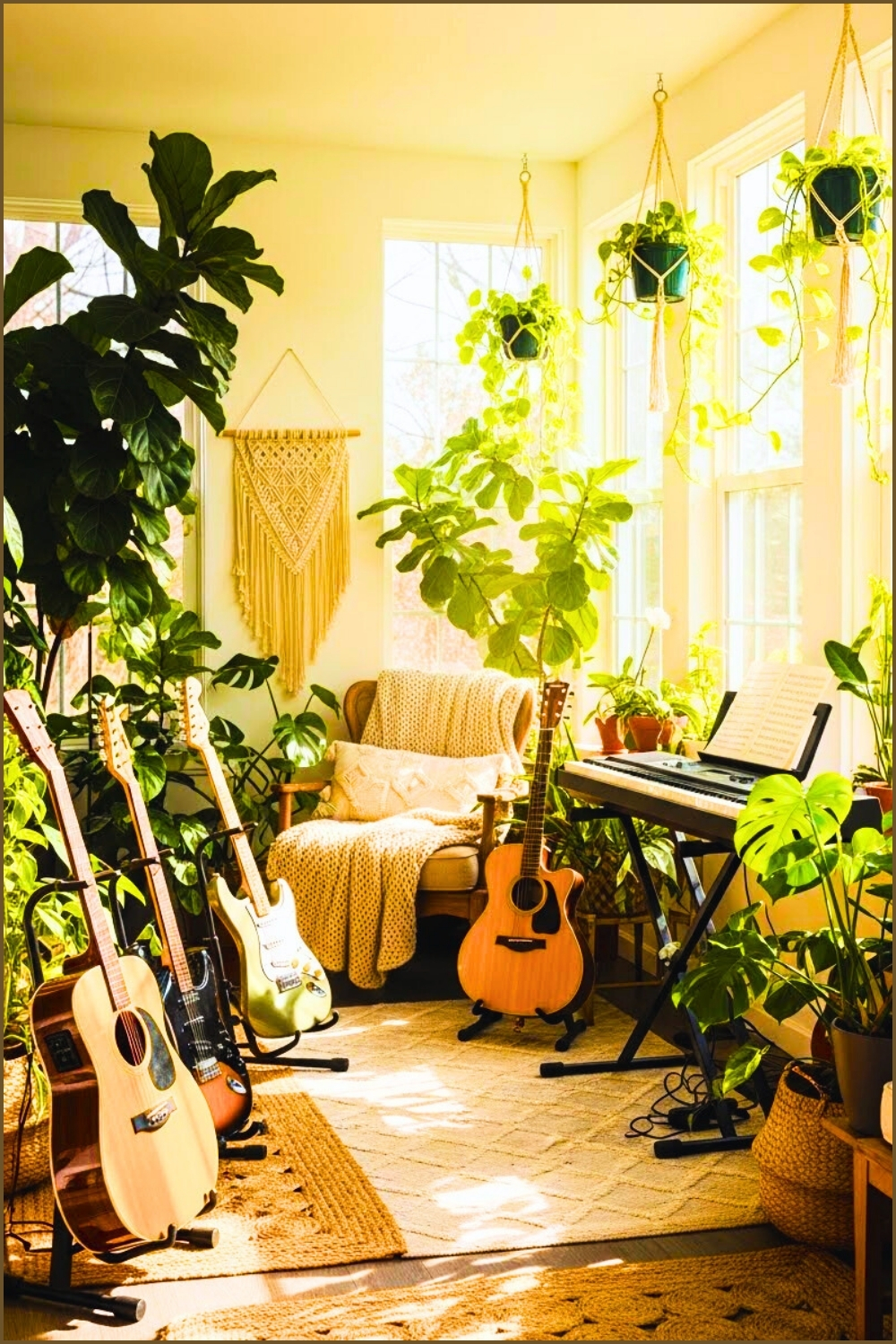 Bright Indoor Garden Music Room Lush Green Houseplants