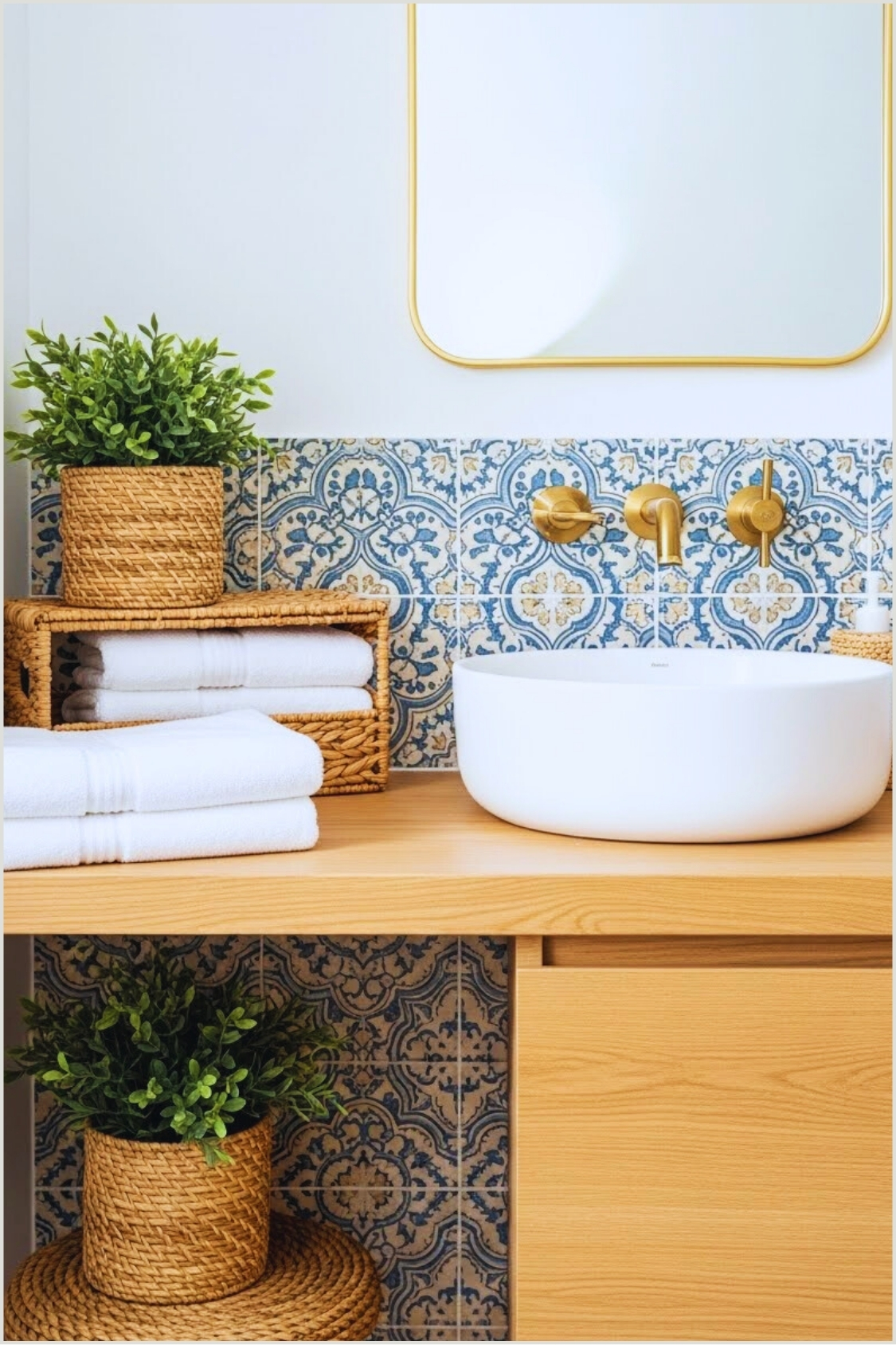 Bright Mediterranean Boho Bathroom Vignette Featuring
