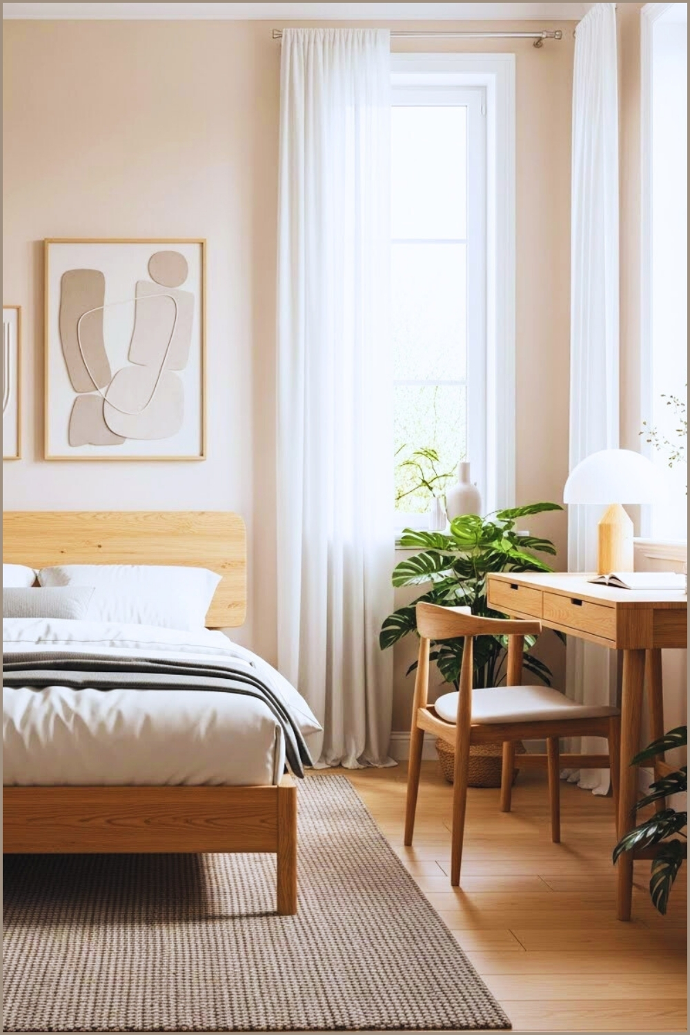 Bright Minimalist Bedroom With Soft Beige Walls And Warm