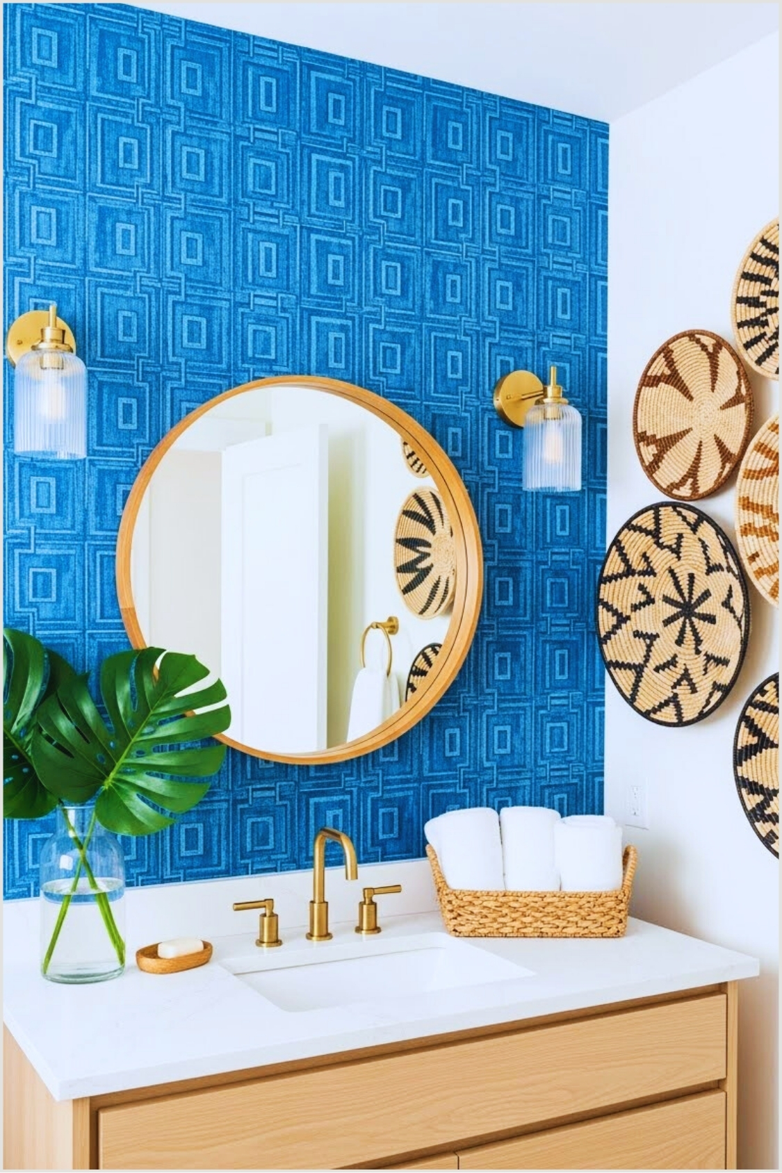 Bright Modern Boho Bathroom With Bold Blue Geometric