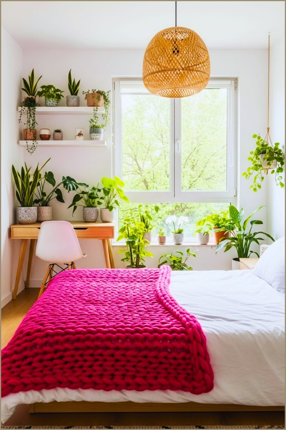 Bright Modern Boho Bedroom Pink Chunky Blanket White Bedding