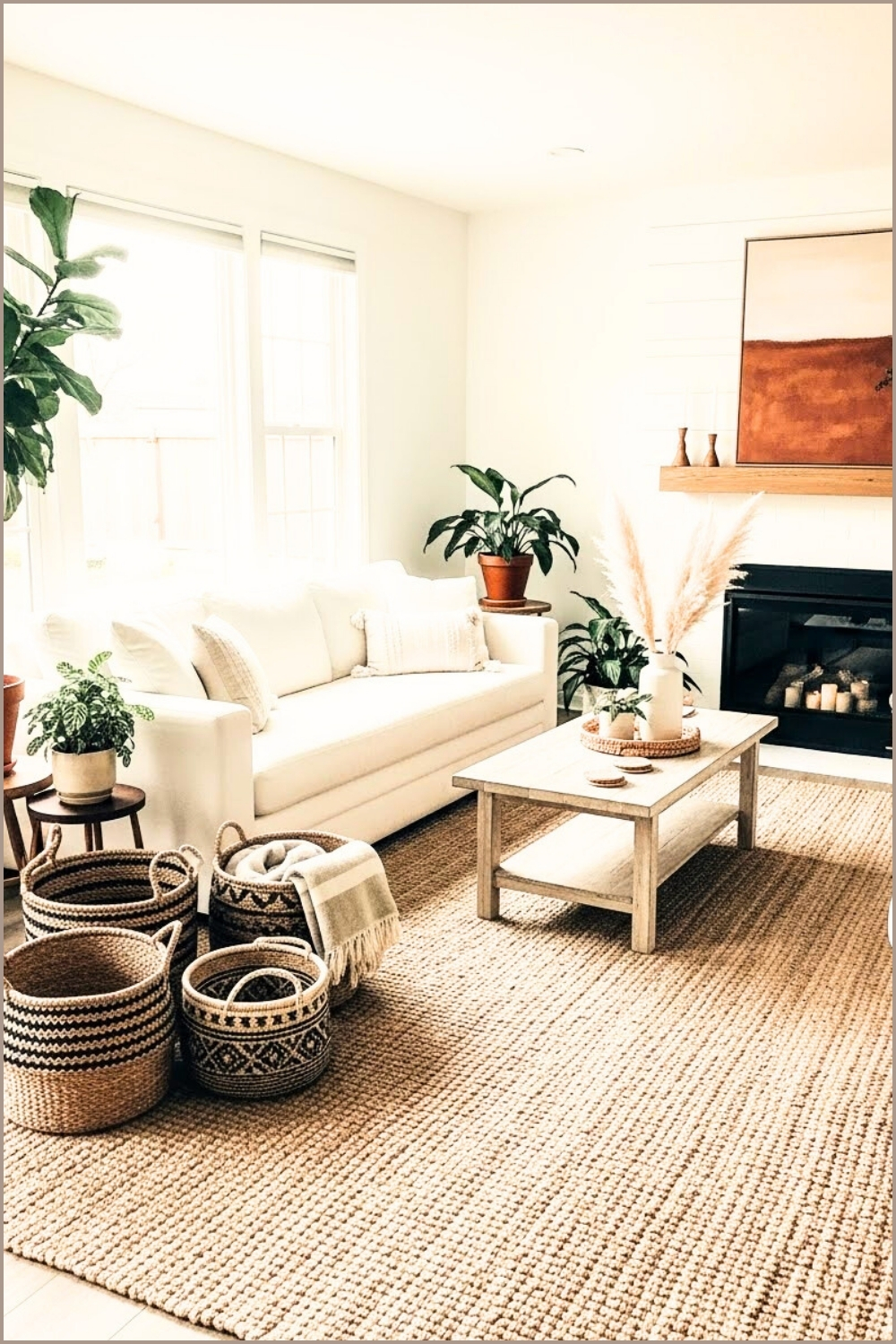 Bright Modern Boho Living Room White Sofa Natural Textured Rug