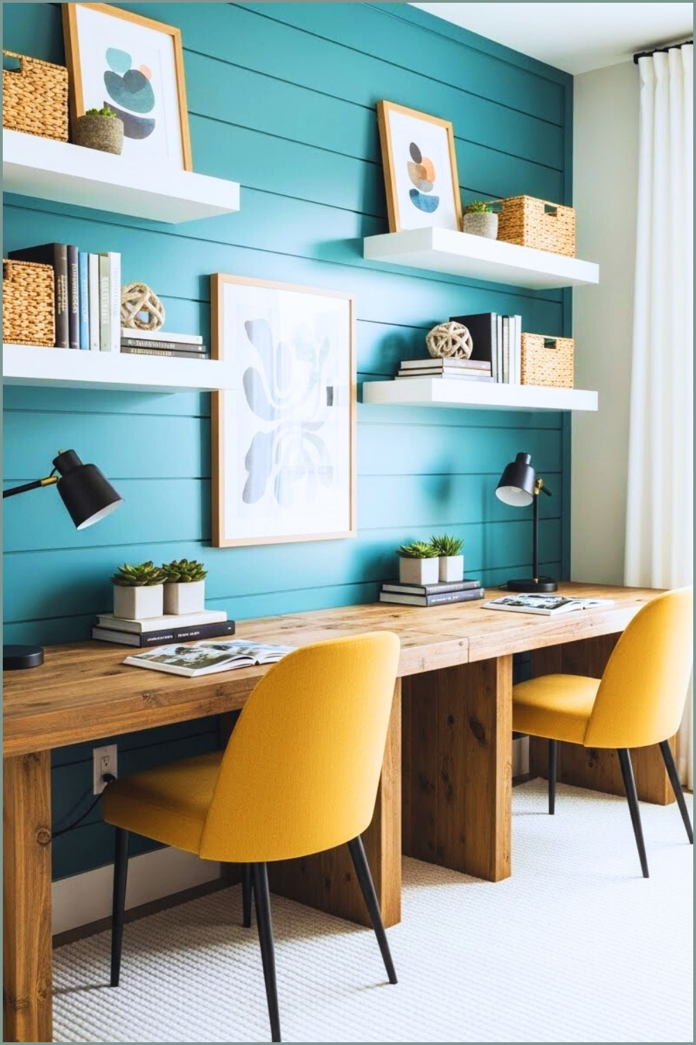 Bright Modern Dual Workspace With Teal Vertical Shiplap Wall