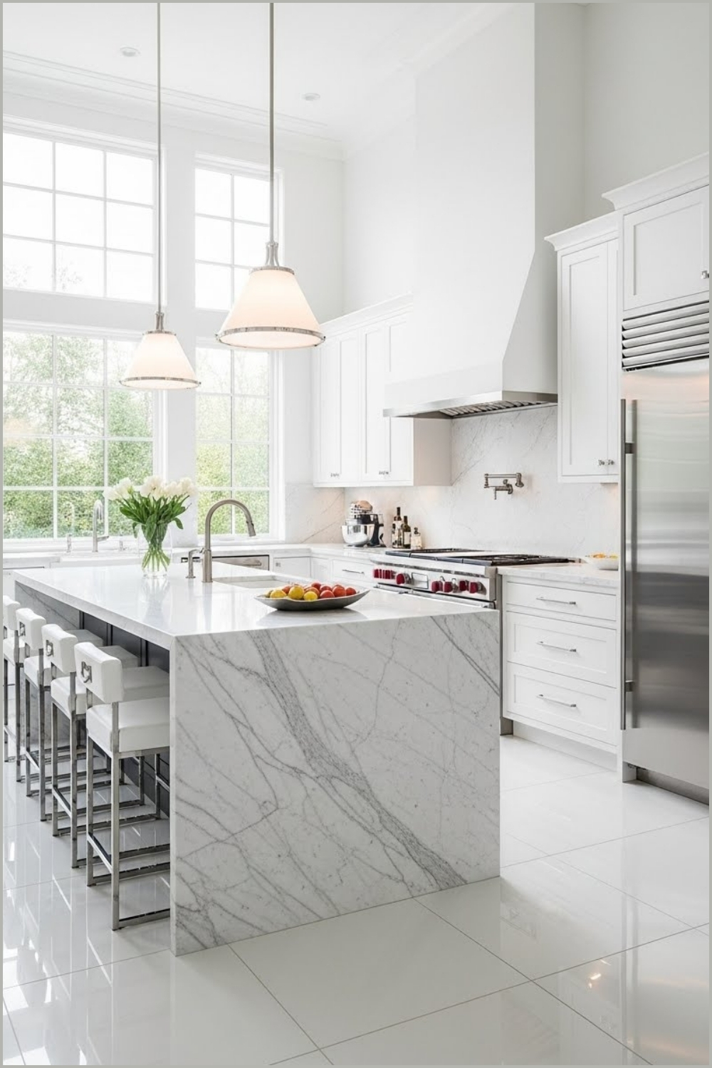 Bright Modern High Ceiling Kitchen With All White Palette