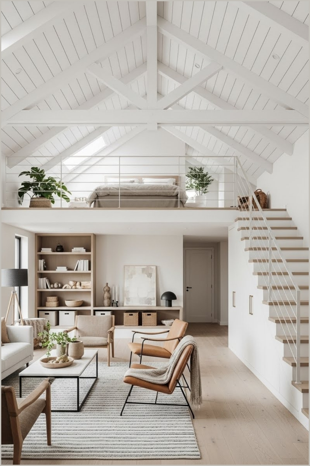 Bright Modern Loft Interior With A Vaulted White Wood Plank