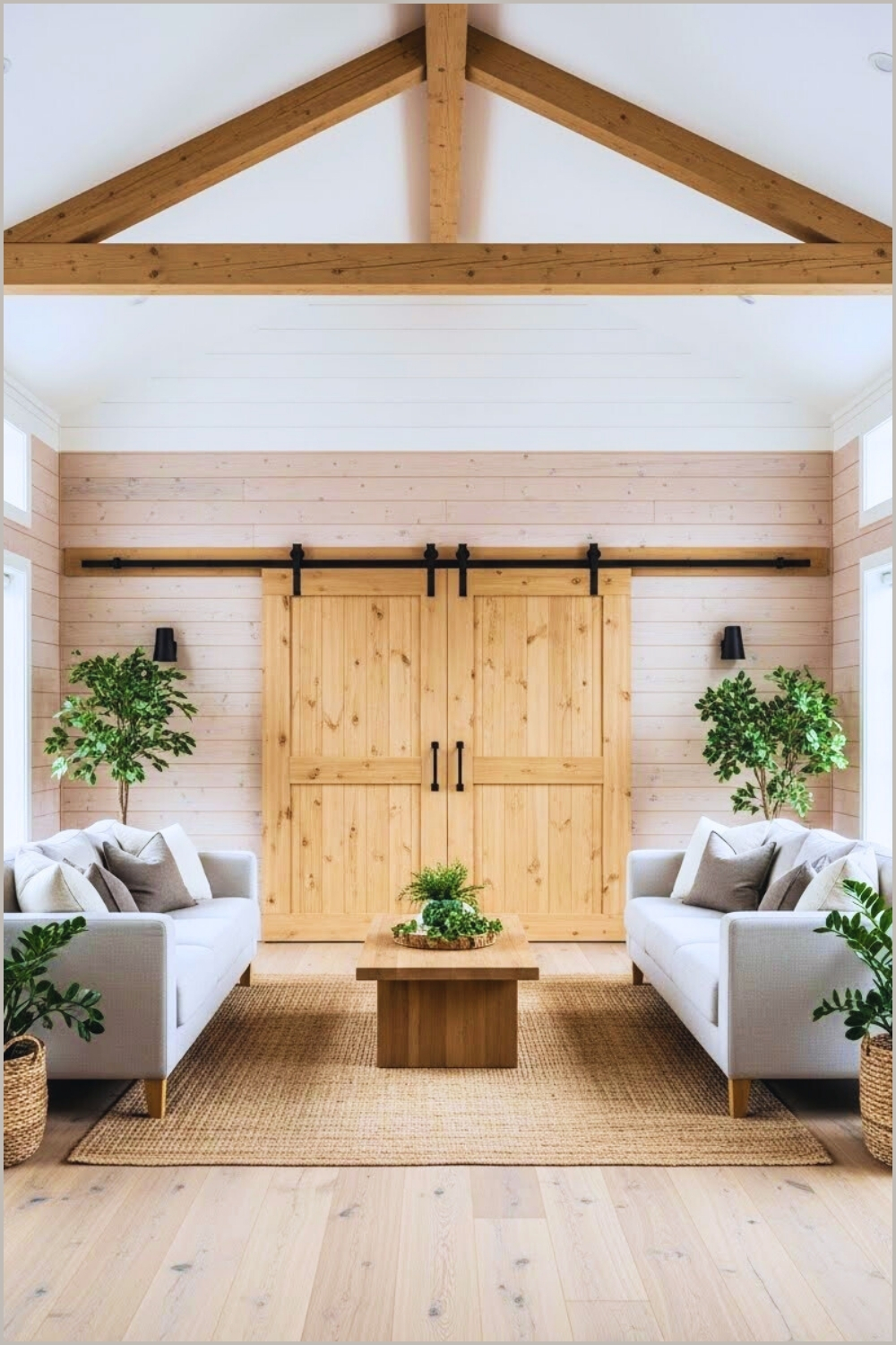 Bright Modern Rustic Living Room With Large Sliding Wooden