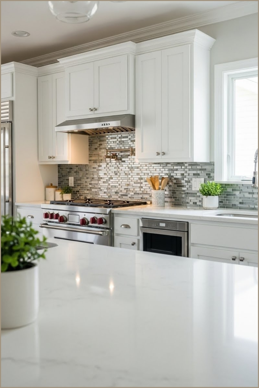 Bright Modern White Kitchen, Glossy Glass Mosaic Backsplash