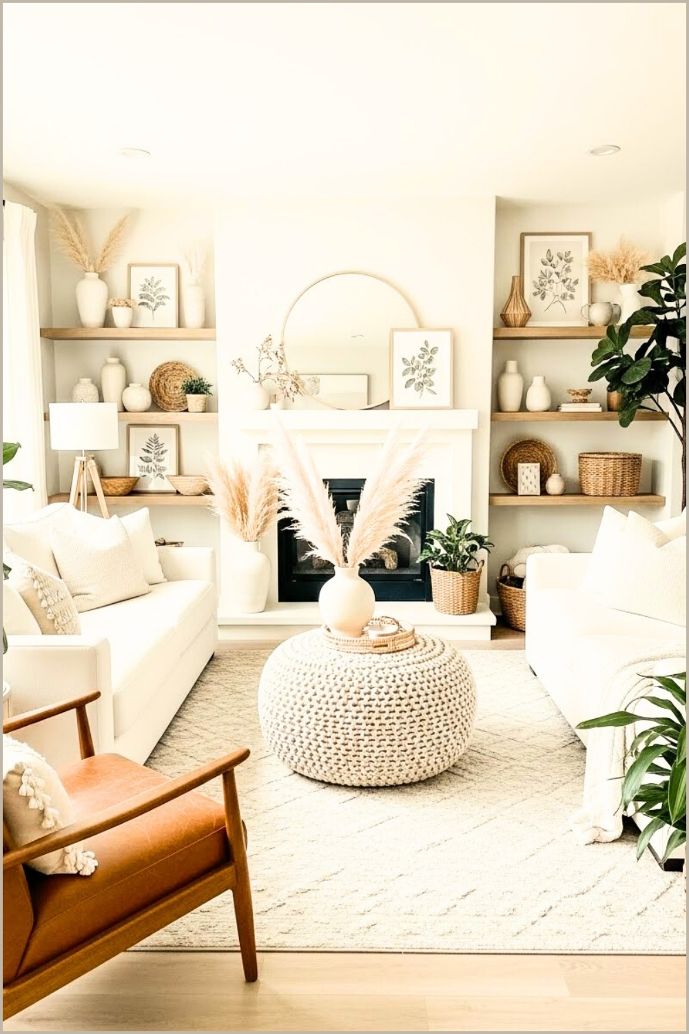 Bright Neutral Boho Living Room With Textured Knitted Pouf Coffee