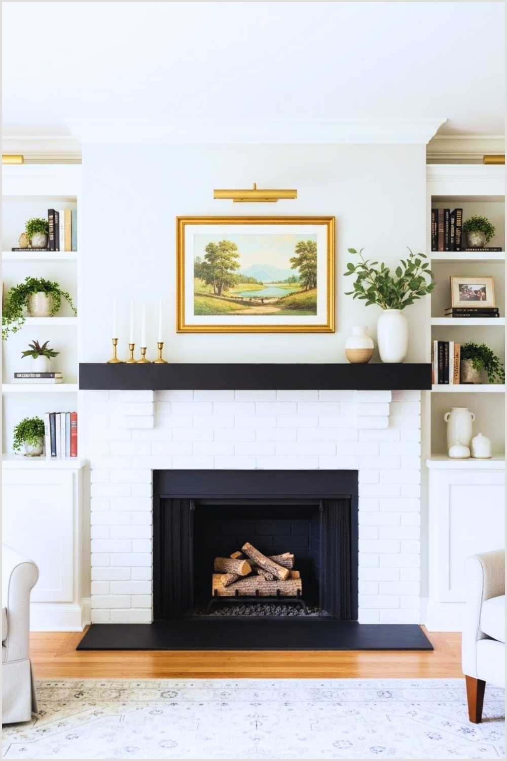 Bright Neutral Living Room With A Crisp White Painted Brick Fireplace
