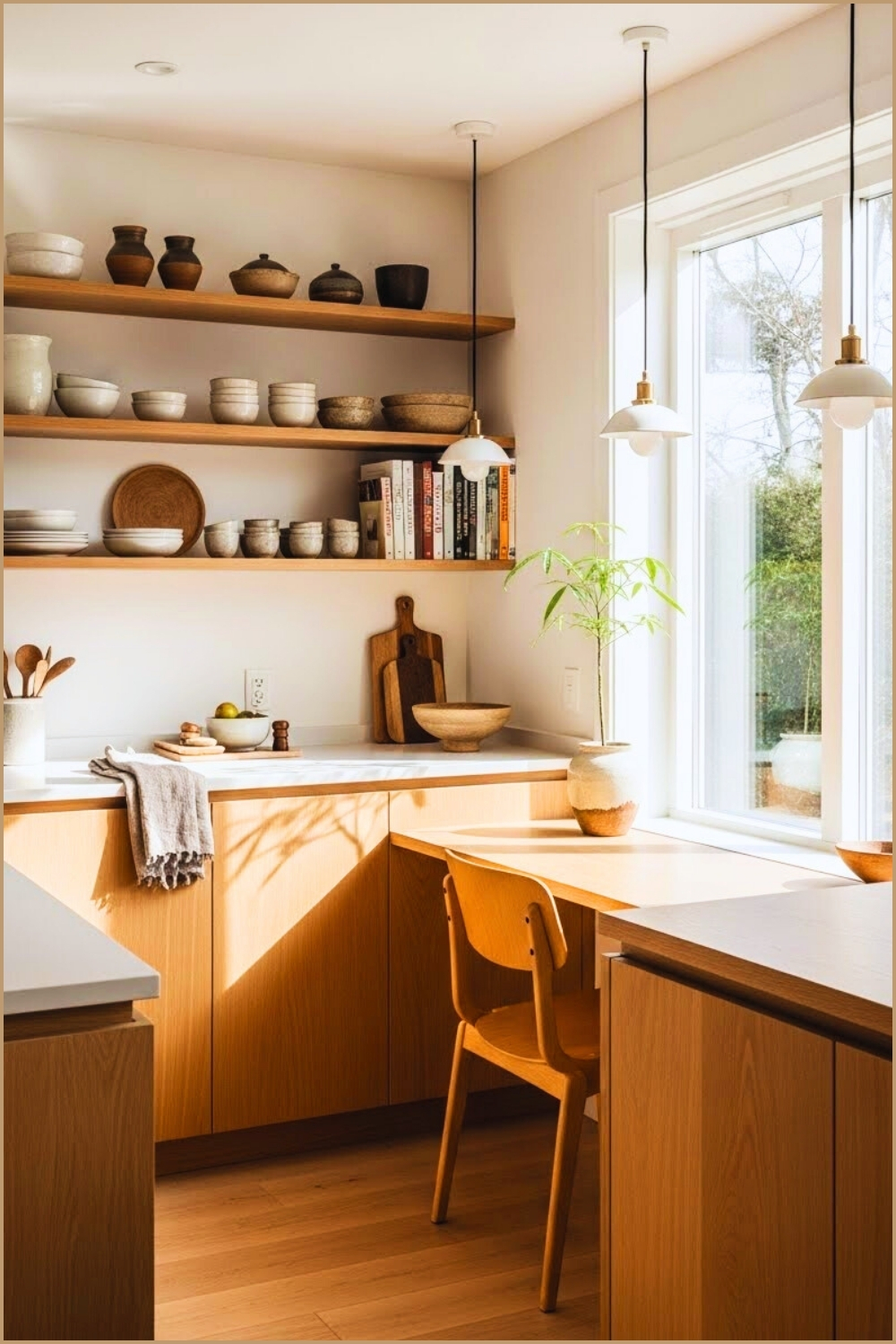 Bright Scandinavian Wooden Kitchen With Long Countertops