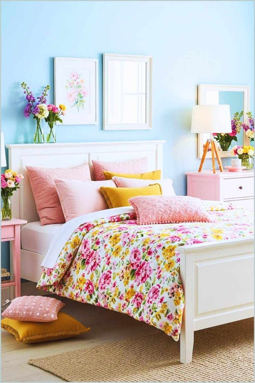 Bright Spring Bedroom With Soft Pastel Blue Walls