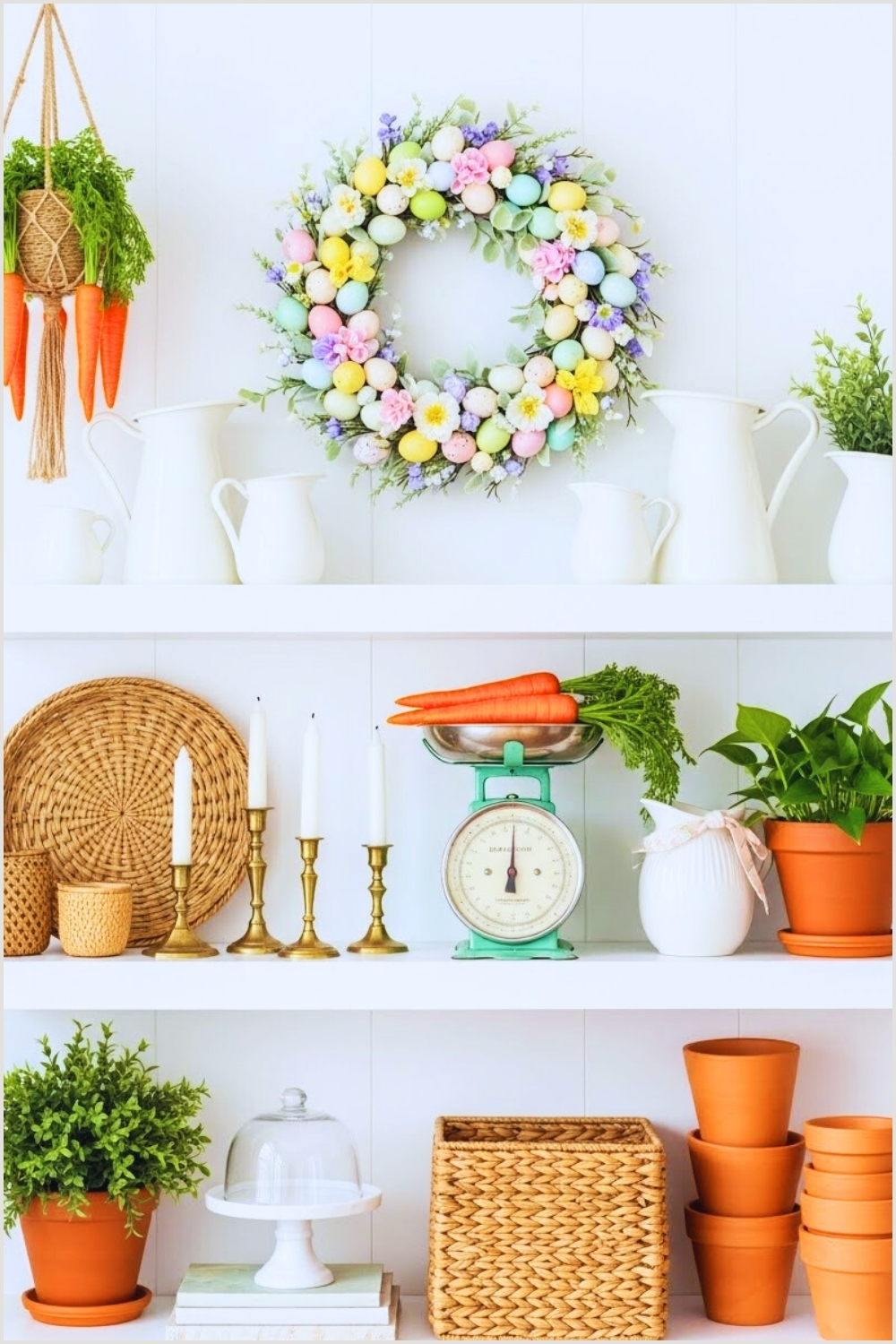 Bright Spring Farmhouse Shelf Décor With Layered White Shelves