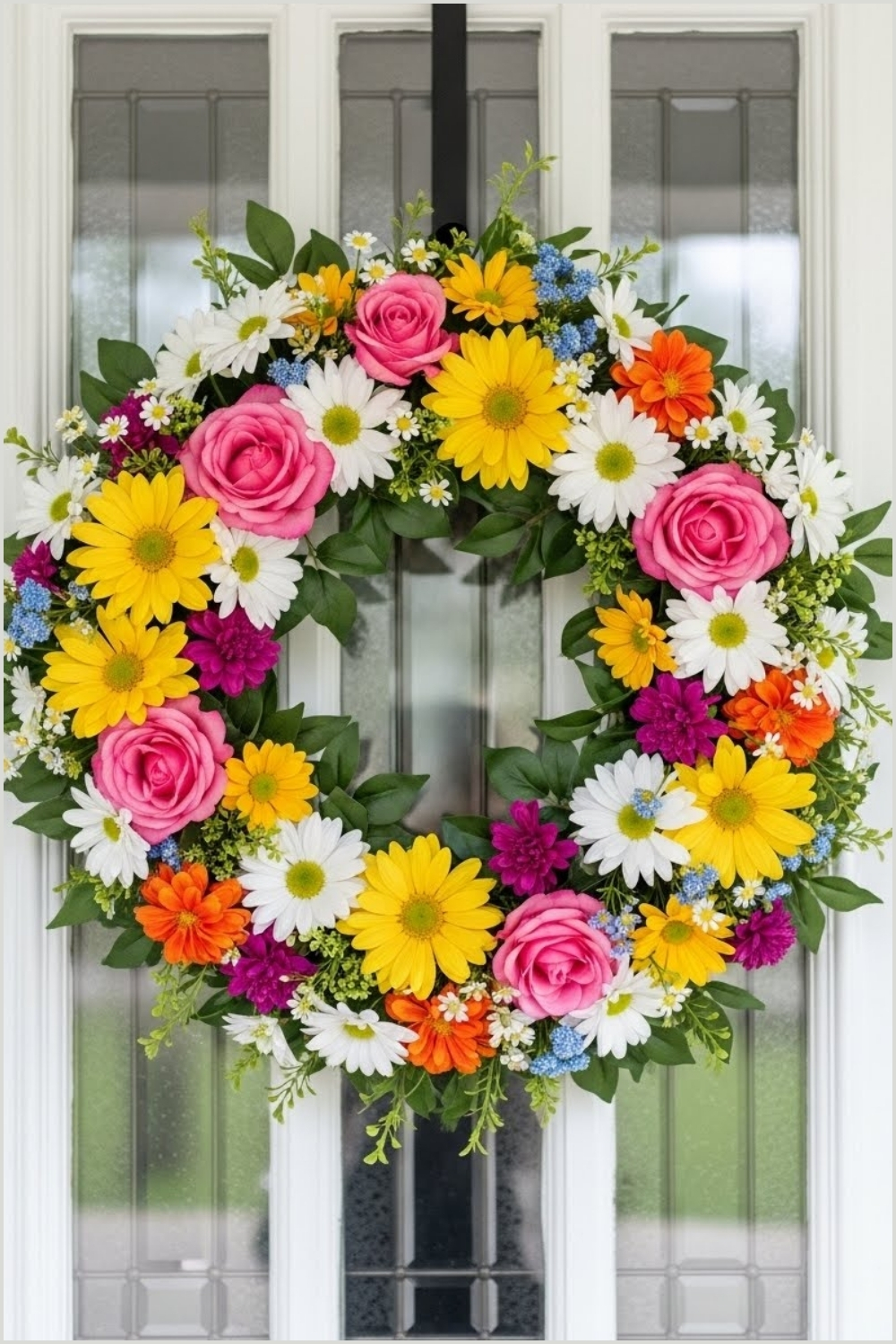 Bright Spring Floral Wreath Hanging On A White Front Door