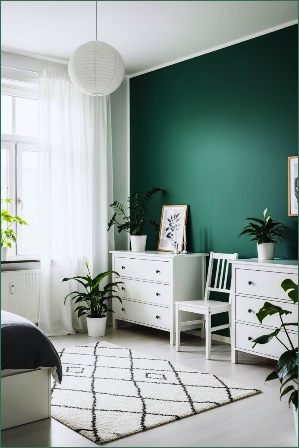 Bright White Bedroom With Deep Emerald Green Accent