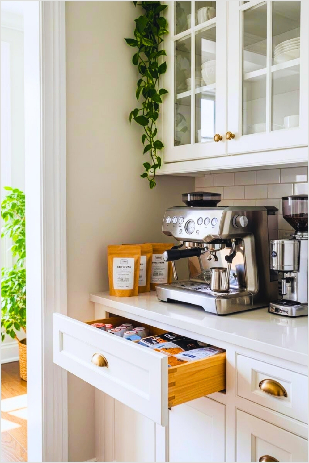 Bright White Kitchen Coffee Bar With Shaker Style Cabinets