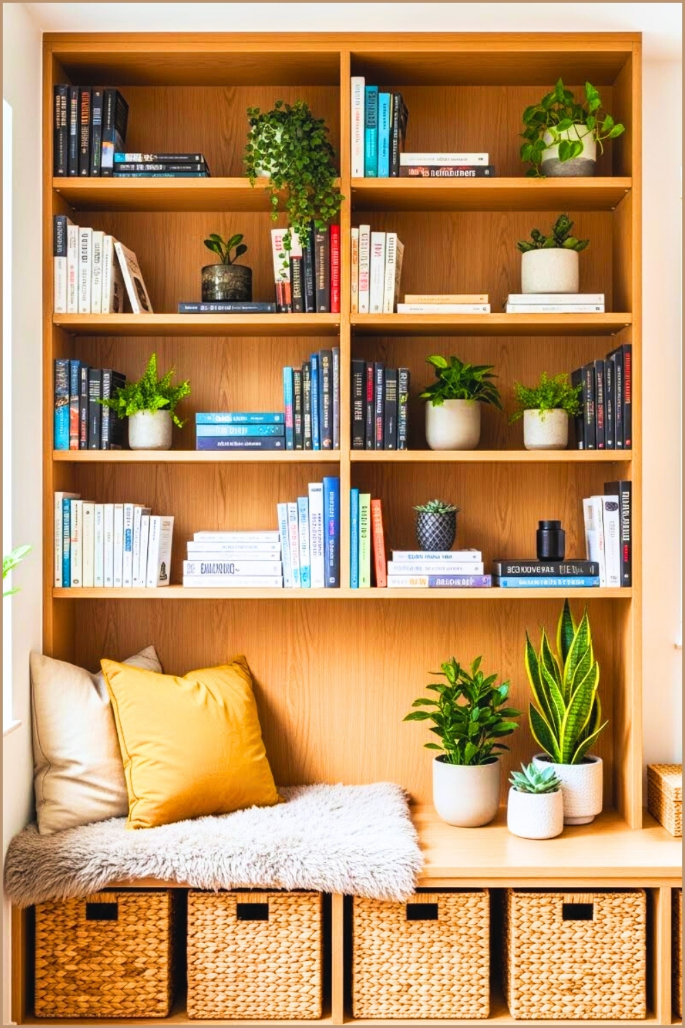 Built-in Wooden Bookshelf Full Of Books And Plants