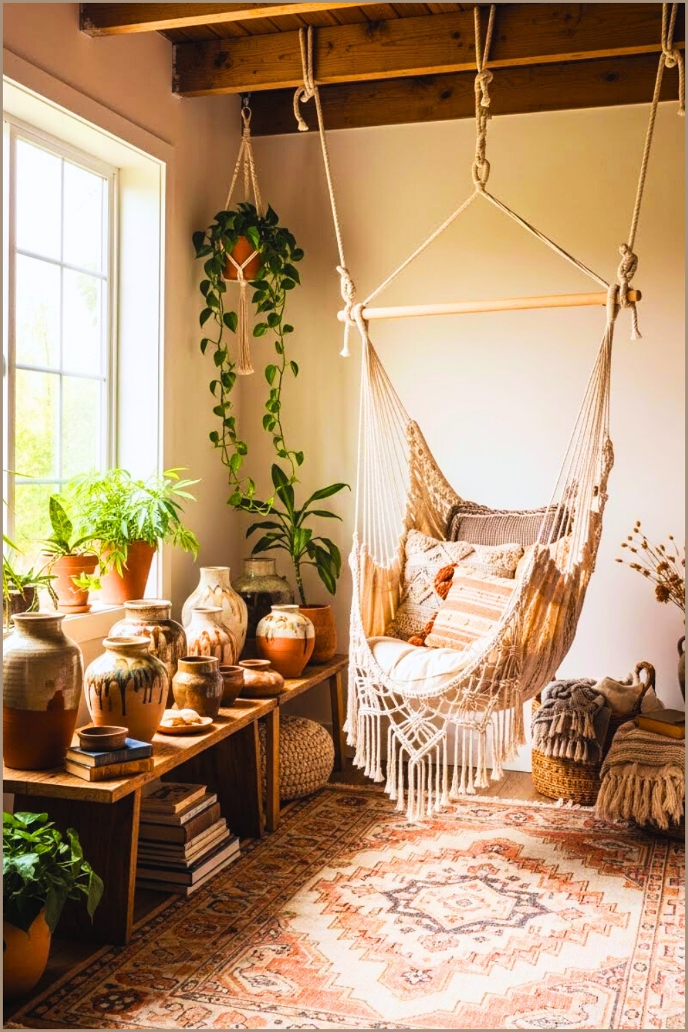 Calm Boho Reading Nook, Macrame Hammock